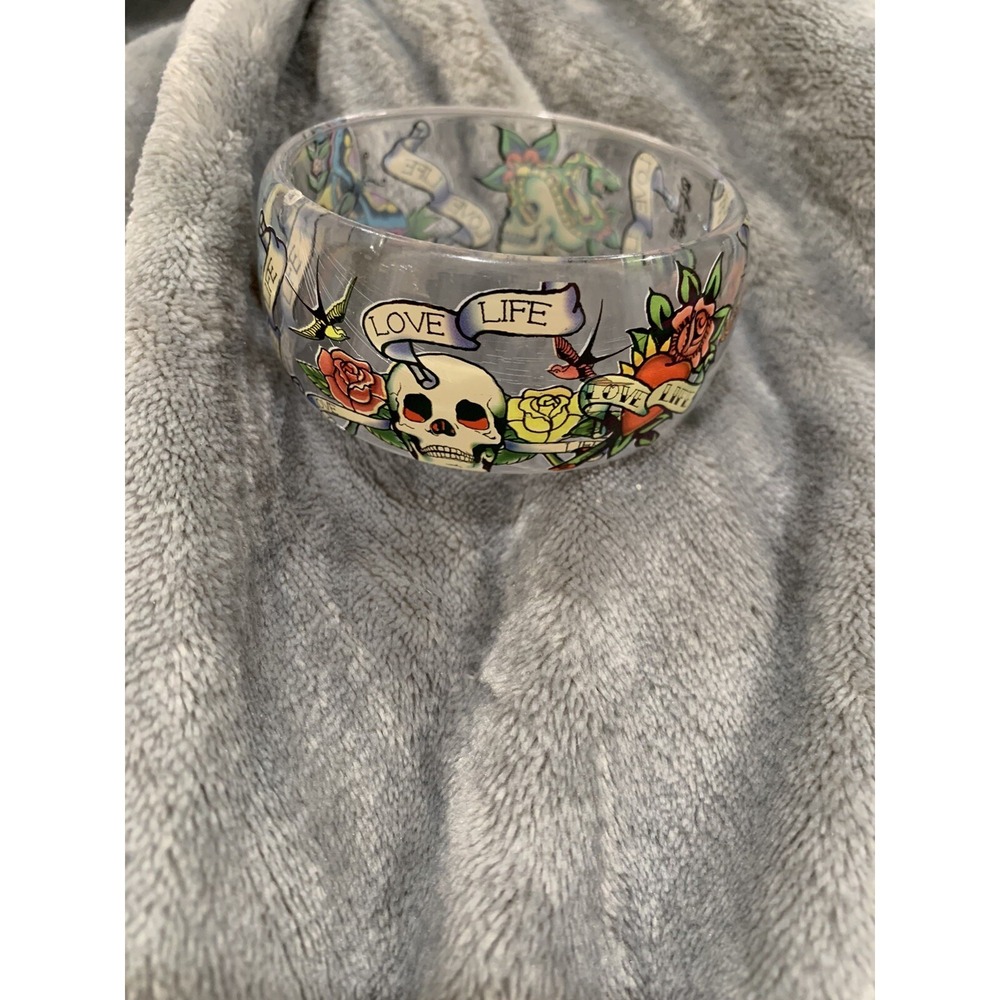 Ed Hardy Clear Acrylic Love Life Rose Skull Dragon Wide Bangle Bracelet
